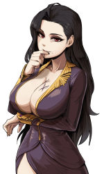 Rule 34 | 1girl, absurdres, ahoge, arm under breasts, black hair, breast tattoo, breasts, butterfly tattoo, cleavage, dress, finger to mouth, gigle, highres, large breasts, last origin, lemonade omega, long hair, looking at viewer, mole, mole under eye, mole under mouth, nail polish, red eyes, simple background, smile, solo, tattoo