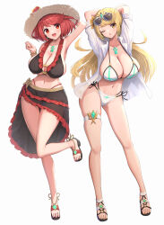 Rule 34 | 2girls, absurdres, alternate costume, bikini, blonde hair, breasts, cleavage, curvy, gonzarez, highres, huge breasts, large breasts, long hair, looking at viewer, multiple girls, mythra (xenoblade), nail polish, one eye closed, pyra (xenoblade), red eyes, red hair, short hair, simple background, smile, standing, swimsuit, thighs, white background, wide hips, xenoblade chronicles (series), xenoblade chronicles 2, yellow eyes