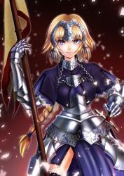 Rule 34 | 1girl, amayofuu, armor, armored dress, blonde hair, blue eyes, braid, dress, fate/apocrypha, fate/stay night, fate (series), flag, gauntlets, hair ornament, headpiece, jeanne d&#039;arc (fate), jeanne d&#039;arc (ruler) (fate), long hair, polearm, solo, weapon