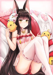 Rule 34 | 1girl, :o, alternate costume, animal, animal ear fluff, animal ears, animal on shoulder, ass, azur lane, babydoll, bare arms, bare shoulders, bell, bird, black hair, blunt bangs, blush, bra, breasts, brown eyes, chick, collarbone, fox ears, fox mask, hair ornament, hand up, highres, jewelry, jingle bell, knees up, long hair, looking at viewer, mask, mask on head, nagato (azur lane), nagato (great fox&#039;s respite) (azur lane), necklace, no shoes, open mouth, panties, parted lips, red bra, red panties, ryara, see-through, sitting, small breasts, solo, spaghetti strap, strap slip, thighhighs, underwear, very long hair, white babydoll, white thighhighs, yellow eyes