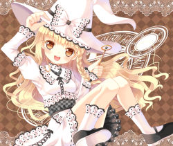 Rule 34 | 1girl, adapted costume, alternate color, argyle, argyle background, argyle clothes, blonde hair, border, bow, braid, brown background, checkered clothes, checkered shirt, hair bow, hand on headwear, hat, hat ribbon, hazakura satsuki, kirisame marisa, knees together feet apart, knees up, lace, lace border, layered clothes, long hair, looking at viewer, magic circle, mary janes, open mouth, ornate border, puffy sleeves, ribbon, shirt, shoes, simple background, single braid, skirt, socks, solo, touhou, vest, wand, witch hat, yellow eyes