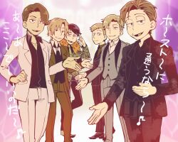 Rule 34 | 6+boys, alternate costume, alternate hairstyle, atsushi (osomatsu-san), beckoning, formal, fur-trimmed jacket, fur trim, grin, jacket, looking at viewer, male focus, mikado (jokeraj), multiple boys, osomatsu-san, osomatsu-san the movie, osomatsu (series), outstretched hand, oyama (osomatsu-san), salute, smile, suit, two-finger salute, yanagita (osomatsu-san)