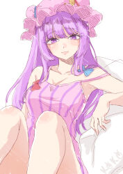 Rule 34 | 0002koko, 1girl, absurdres, armpits, blue bow, bow, breasts, collarbone, hair bow, hat, highres, long hair, looking at viewer, mob cap, patchouli knowledge, purple eyes, purple hair, red bow, simple background, smile, solo, touhou, white background