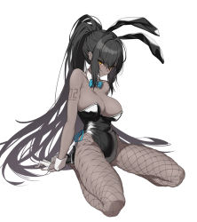 Rule 34 | 1girl, animal ears, bare shoulders, black leotard, blue archive, bow, bowtie, breasts, cleavage, closed mouth, curvy, dark-skinned female, dark skin, deatheach, detached collar, fake animal ears, fishnet pantyhose, fishnets, full body, hair strand, highres, karin (blue archive), karin (bunny) (blue archive), kneeling, leotard, long hair, looking at viewer, medium breasts, pantyhose, playboy bunny, ponytail, rabbit ears, shiny clothes, shiny skin, sidelocks, sleeveless, solo, strapless, strapless leotard, thighs, traditional bowtie, very long hair, white background, wide hips