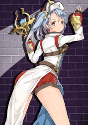 Rule 34 | 10s, 1girl, adosan, adosan (horaizon1211), against wall, arm up, belt, black gloves, blush, brick wall, brown eyes, dress, fingerless gloves, gem, gloves, granblue fantasy, hair between eyes, hand up, holding, holding staff, jewelry, light purple hair, light smile, long sleeves, looking at viewer, looking back, pelvic curtain, red shorts, ring, shade, shiny skin, shorts, smile, solo, sophia (granblue fantasy), staff, twintails, white dress