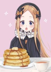 Rule 34 | 1girl, abigail williams (fate), black bow, black dress, black hat, blonde hair, blue eyes, blush, bow, butter, commentary request, dress, fate/grand order, fate (series), food, forehead, hair bow, hands up, hat, highres, long hair, long sleeves, open mouth, orange bow, pancake, pancake stack, parted bangs, pink background, polka dot, polka dot bow, razaria, sleeves past fingers, sleeves past wrists, solo, star (symbol), starry background, syrup, teeth, upper teeth only, very long hair