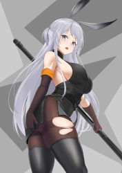 Rule 34 | 1girl, absurdres, animal ears, arknights, ass, bare shoulders, belt, black belt, black pantyhose, black shirt, blush, breasts, brown gloves, brown pantyhose, chinese commentary, commentary request, cowboy shot, elbow gloves, gloves, grey background, grey eyes, grey skirt, highres, holding, large breasts, lazgear, long hair, looking at viewer, miniskirt, open mouth, pantyhose, pencil skirt, rabbit ears, savage (arknights), shirt, side slit, sideboob, silver hair, skindentation, skirt, sleeveless, sleeveless shirt, solo, standing, thighband pantyhose, thighhighs, thighs, torn clothes, torn legwear, two side up, very long hair