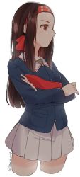 Rule 34 | 10s, 1girl, blue jacket, brown eyes, brown hair, closed mouth, commentary, cowboy shot, cropped legs, crossed arms, girls und panzer, green shirt, headband, jacket, light frown, long hair, long sleeves, looking to the side, military, military uniform, miniskirt, muneate, ooarai military uniform, pleated skirt, red headband, saemonza (girls und panzer), shirt, simple background, skirt, solo, standing, tam a mat, twitter username, uniform, white background, white skirt