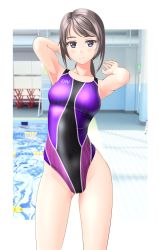 Rule 34 | 1girl, absurdres, blue eyes, breasts, clothes writing, competition swimsuit, contrapposto, covered navel, cowboy shot, grey hair, highleg, highleg swimsuit, highres, indoors, lane line, long hair, looking at viewer, medium breasts, multicolored clothes, multicolored swimsuit, one-piece swimsuit, original, pool, poolside, purple one-piece swimsuit, sidelocks, solo, standing, swimsuit, takafumi