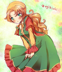 Rule 34 | 1girl, blush, breasts, commentary request, curly hair, dragon quest, dragon quest vii, dress, hood, kichijou agata, long hair, looking at viewer, maribel (dq7), open mouth, orange hair, simple background, solo