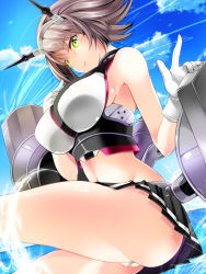 Rule 34 | 1girl, armpits, ass, bare shoulders, black hair, black skirt, blush, breasts, closed mouth, commentary request, from side, gloves, green eyes, hairband, headgear, kadokawa shoten, kantai collection, large breasts, looking at viewer, looking to the side, maki (seventh heaven maxion), midriff, miniskirt, mutsu (kancolle), panties, pantyshot, radio antenna, short hair, skirt, smile, solo, thighs, turret, underwear, upskirt, white gloves, white panties