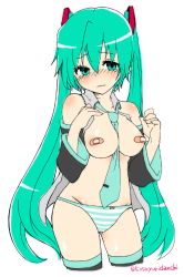 Rule 34 | 1girl, ass, bandaid, bandaids on nipples, black thighhighs, blue neckwear, blue panties, blush, bow, bow panties, breasts, detached sleeves, embarrassed, green eyes, green hair, grey shirt, hatsune miku, kusoyuridanchi, long hair, long sleeves, looking at viewer, medium breasts, necktie, open clothes, open shirt, panties, pasties, shirt, sleeveless, sleeveless shirt, socks, standing, striped clothes, striped panties, tears, thighhighs, twintails, underwear, vocaloid, white background, white panties