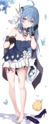 Rule 34 | 1girl, absurdres, ahoge, azur lane, bare legs, bare shoulders, barefoot, black gloves, blue dress, blue flower, blue hair, bow, breasts, bug, butterfly, cleavage, dress, dress flower, feet, flower, full body, gloves, hair between eyes, hair flower, hair ornament, hand in own hair, hands up, helena (azur lane), helena (may i have this dance?) (azur lane), high heels, highres, insect, layered dress, long hair, looking at viewer, manjuu (azur lane), medium breasts, official alternate costume, parted lips, pleated dress, pumps, purple eyes, see-through, shirt, shoes, unworn shoes, short dress, simple background, skirt, sleeveless, sleeveless dress, smile, solo, standing, standing on liquid, stiletto heels, strapless, toes, two-tone dress, vayneeeee, very long hair, water, white background, white dress, white flower
