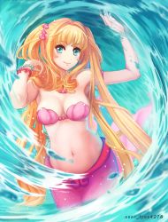 Rule 34 | 1girl, armlet, armpits, aslasht, blonde hair, blue eyes, blush, bracelet, breasts, cleavage, commentary, cowboy shot, drill hair, drill sidelocks, hair intakes, hair ornament, hands up, highres, jewelry, long hair, looking at viewer, medium breasts, mermaid, mermaid melody pichi pichi pitch, midriff, monster girl, nanami lucia, navel, necklace, pearl bracelet, pixiv username, shell, shell bikini, shell necklace, sidelocks, smile, solo, split tail, twintails, very long hair, waves