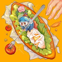Rule 34 | 1boy, blue coat, blue headwear, blush stickers, bread, chibi, coat, crumbs, cucumber, cucumber slice, fingernails, flower, food, food wrapper, fork, fried egg, hat, highres, holding, holding fork, hunter x hunter, in food, kite (hunter x hunter), lettuce, long hair, long sleeves, male focus, mayonnaise, mini person, miniboy, orange background, pink flower, sandwich, simple background, solo focus, sparkle, sweatdrop, tomato, vegetable, water, white hair, wumingshi73500