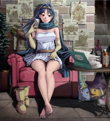 Rule 34 | 1girl, alcohol, bare shoulders, barefoot, beer, blue hair, book, boots, unworn boots, bottle, brown eyes, bubble slime, cape, chair, circlet, cup, dragon quest, dragon quest iii, dress, elbow gloves, feet, full body, ghost (dragon quest), gloves, hayakawa pao, highres, horned rabbit, legs, long hair, looking down, nail polish, poster (object), sage (dq3), short dress, sitting, slime (dragon quest), smile, solo, staff, table, toenail polish, toenails, toes, wanted, wine bottle