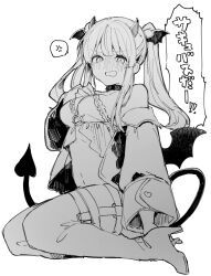 Rule 34 | 1girl, anger vein, anna (ikeuchi tanuma), arm at side, bare shoulders, blush, boots, breasts, commentary request, demon horns, demon tail, demon wings, embarrassed, fake horns, fake tail, fake wings, from side, greyscale, hand on own chest, high heels, horns, ikeuchi tanuma, legs together, long bangs, long hair, looking at viewer, medium breasts, monochrome, nose blush, open mouth, original, sidelocks, simple background, sitting, solo, spoken anger vein, tail, thigh boots, twintails, v-shaped eyebrows, white background, wings