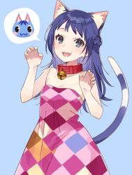 Rule 34 | 1girl, animal crossing, animal ear fluff, animal ears, argyle, argyle clothes, argyle dress, bare shoulders, bell, black eyes, blue background, blue hair, blush, braid, cat, cat ears, cat tail, claw pose, collar, cowboy shot, dress, female focus, hechima (issindotai), highres, long hair, looking at viewer, neck bell, nintendo, open mouth, personification, red collar, rosie (animal crossing), simple background, smile, solo, standing, strapless, strapless dress, tail