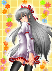 Rule 34 | 1girl, :p, alternate costume, blush, bow, dress, female focus, flower, fujiwara no mokou, gradient background, hair bow, long hair, own hands clasped, own hands together, plant, red eyes, silver hair, solo, thighhighs, tongue, tongue out, touhou, very long hair, yamamoto arifred