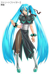 Rule 34 | 1girl, aqua eyes, aqua hair, boots, bracelet, breasts, capcom, china dress, chinese clothes, chun-li, chun-li (cosplay), cosplay, cross-laced footwear, dress, full body, hair ribbon, hatsune miku, jewelry, judge martin, knee boots, lace-up boots, large breasts, long hair, pantyhose, pelvic curtain, ribbon, sash, side slit, simple background, solo, spiked bracelet, spikes, street fighter, twintails, very long hair, vocaloid, white background