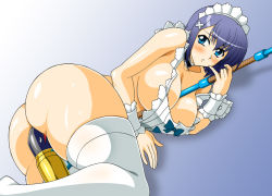 Rule 34 | 1girl, apron, ass, between breasts, between legs, black hair, blue eyes, blush, breasts, cleavage, hair ornament, hairclip, hammer, kouno itsuki, large breasts, lying, maid headdress, naked apron, on side, phallic symbol, phantom breaker, plump, rainkeru, skindentation, solo, thick thighs, thighhighs, thighs, weapon, wrist cuffs