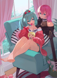 Rule 34 | 2girls, absurdres, acr (dash), aqua eyes, aqua hair, aqua shorts, armchair, bare legs, bare shoulders, barefoot, belt collar, black choker, black shirt, blue eyes, bow, breasts, candy, chair, character doll, choker, cleavage, commentary request, cross, cross earrings, curtains, day, earrings, electric guitar, feet, food, guitar, hair between eyes, hair bow, hand on own face, hatsune miku, high ponytail, highres, indoors, instrument, jacket, jewelry, kagamine rin, light smile, lollipop, long hair, looking at viewer, medium breasts, megurine luka, multiple girls, necktie, off-shoulder shirt, off shoulder, open clothes, open jacket, pillow, pink curtains, pink hair, plant, purple nails, red bow, red jacket, red nails, rug, shirt, shoes, shorts, sidelocks, sitting, sleeves past wrists, slippers, star (symbol), star earrings, striped pillow, toenails, toes, unworn shoes, vocaloid, white shirt, window, zipper
