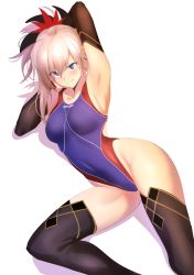 Rule 34 | 1girl, absurdres, armpits, arms up, black thighhighs, blue eyes, breasts, closed mouth, competition swimsuit, covered navel, detached sleeves, dutch angle, fate/grand order, fate (series), hair between eyes, hair ornament, highleg, highleg swimsuit, highres, large breasts, leg up, miyamoto musashi (fate), miyamoto musashi (first ascension) (fate), one-piece swimsuit, pink hair, ponytail, simple background, smile, solo, swimsuit, thighhighs, ulrich (tagaragakuin), white background