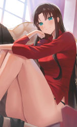 Rule 34 | 1girl, absurdres, aqua eyes, bare legs, black hair, black panties, blurry, blush, breasts, closed mouth, collared shirt, couch, curtains, depth of field, elbow rest, fate/stay night, fate (series), hair down, hand on own knee, head rest, highres, indoors, knees up, legs, long hair, long sleeves, looking at viewer, no pants, panties, parted bangs, red shirt, rororo, shirt, sidelocks, sitting, smile, solo, straight hair, thighs, tohsaka rin, underwear, window