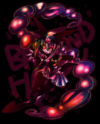 Rule 34 | 10s, 1girl, bad end happy, bad end precure, bad id, bad pixiv id, black bodysuit, bodysuit, character name, dark persona, english text, fingerless gloves, gem, gloves, long hair, multicolored eyes, open mouth, precure, red eyes, red hair, senmu (0107), skirt, smile precure!, solo, teeth, tiara, tongue, twintails, yellow eyes