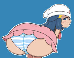 Rule 34 | 1girl, absurdres, ass, ass focus, bent over, blue background, blue eyes, blue hair, blush, closed mouth, creatures (company), dawn (pokemon), from behind, game freak, hat, highres, huge ass, looking at viewer, looking back, lotikmac, matching hair/eyes, nintendo, panties, pokemon, pokemon dppt, simple background, skirt, sleeveless, solo, striped clothes, striped panties, underwear