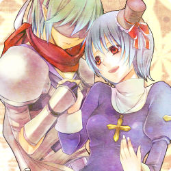 Rule 34 | 1boy, 1girl, armor, assassin (ragnarok online), bandages, black blindfold, black headwear, blindfold, blue hair, blush, bow, breasts, closed mouth, commentary request, cross, cross necklace, dress, fingerless gloves, frilled hat, frills, gloves, green hair, hat, hat bow, hetero, holding hands, jewelry, juliet sleeves, long sleeves, looking at another, lowres, medium breasts, mini hat, necklace, open mouth, pauldrons, priest (ragnarok online), puffy sleeves, purple dress, purple gloves, purple shirt, ragnarok online, red bow, red eyes, red scarf, riuhi, scarf, shirt, short hair, shoulder armor, sleeveless, sleeveless shirt, smile, top hat, upper body