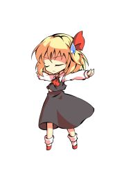 Rule 34 | 1girl, arms up, ascot, blonde hair, chibi, closed eyes, closed mouth, collar, collared shirt, dairi, full body, grey skirt, grey vest, hair between eyes, hair ribbon, hands up, long skirt, long sleeves, red ascot, red footwear, red ribbon, ribbon, rumia, shaded face, shirt, shoes, short hair, simple background, skirt, socks, solo, standing, tachi-e, touhou, transparent background, vest, white background, white shirt, white sleeves, white socks