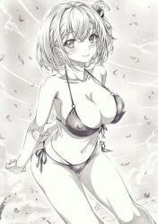 Rule 34 | 1girl, arm behind back, bikini, breasts, cleavage, covered erect nipples, grabbing own arm, graphite (medium), large breasts, looking at viewer, lycoris recoil, mikuro, monochrome, navel, nishikigi chisato, outdoors, petals, short hair, side-tie bikini bottom, sky, smile, solo, swimsuit, traditional media, water