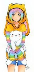 Rule 34 | animal ears, artist request, character request, copyright request, hoodie, jacket, lowres, multicolored hair, multicolored shirt, rainbow, shorts, smile, source request, stuffed animal, stuffed rabbit, tagme