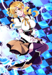Rule 34 | 10s, 1girl, beret, blonde hair, boots, breasts, checkered background, corset, detached sleeves, drill hair, fingerless gloves, fujiwara ichi, gloves, hat, magical girl, mahou shoujo madoka magica, mahou shoujo madoka magica (anime), pleated skirt, puffy sleeves, shirt, skirt, smile, solo, striped clothes, striped thighhighs, taut clothes, taut shirt, thighhighs, tomoe mami, twin drills, vertical-striped clothes, vertical-striped thighhighs, yellow eyes, zettai ryouiki