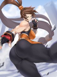 Rule 34 | 1girl, anagumasan, ass, bandages, bare shoulders, breasts, brown eyes, brown hair, commentary request, dnf duel, dungeon and fighter, fighter (dungeon and fighter), fighting stance, fingerless gloves, fingernails, gloves, hair ornament, highres, kicking, long hair, looking at viewer, low-tied long hair, medium breasts, muscular, muscular female, pants, parted lips, serious, simple background, skin tight, sleeveless, solo, spandex, striker (dungeon and fighter), very long hair