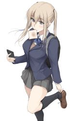 Rule 34 | 1girl, alternate costume, backpack, bag, black skirt, black socks, blonde hair, blue eyes, blue necktie, bread slice, brown footwear, cellphone, food, food in mouth, graf zeppelin (kancolle), hair between eyes, highres, holding, holding phone, kantai collection, kneehighs, long hair, long sleeves, mouth hold, necktie, no headwear, phone, pleated skirt, revision, school uniform, shoes, sidelocks, simple background, skirt, smartphone, socks, solo, toast, toast in mouth, twintails, white background, zekkyon