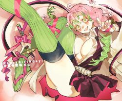 Rule 34 | 1girl, ass, belt, black dress, blush, bow, braid, breasts, cleavage, dress, flower, green eyes, green hair, green thighhighs, hair between eyes, holding, holding weapon, kanroji mitsuri, kimetsu no yaiba, large breasts, long hair, mole, mole under eye, multicolored hair, open mouth, pink hair, sandals, smile, solo, talesofmea, teeth, thighhighs, two-tone hair, upper teeth only, weapon
