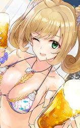 Rule 34 | 1girl, ahoge, alcohol, ashita (2010), bare shoulders, beer, bikini, blonde hair, blush, breasts, cleavage, collarbone, cup, green eyes, halterneck, highres, idolmaster, idolmaster cinderella girls, jewelry, large breasts, long hair, looking at viewer, necklace, one eye closed, open mouth, sato shin, seashell, shell, smile, swept bangs, swimsuit, twintails, white bikini