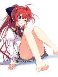 1girl ;o absurdres ahoge arm_at_side bare_legs barefoot black_bow blue_eyes blue_ribbon blush bow braid commentary_request feet foot_out_of_frame foreshortening frilled_skirt frills frown hair_between_eyes hair_bow highres huge_bow inui_sana juliet_sleeves knees_together_feet_apart knees_up legs levanting long_hair long_sleeves looking_down mashiroiro_symphony neck_ribbon one_eye_closed panties panty_peek ponytail puffy_sleeves raised_eyebrows red_hair ribbon school_uniform shirt sidelocks simple_background single_braid single_hair_intake sitting skirt solo spread_toes toenails toes underwear very_long_hair white_background white_panties white_shirt white_skirt