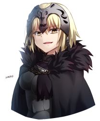 Rule 34 | 1girl, armor, bad id, bad pixiv id, black cape, blonde hair, breasts, cape, cloak, commentary request, fate/grand order, fate (series), fur collar, fur trim, gauntlets, headpiece, highres, ichiren namiro, jeanne d&#039;arc (fate), jeanne d&#039;arc (ruler) (fate), jeanne d&#039;arc alter (avenger) (fate), jeanne d&#039;arc alter (avenger) (first ascension) (fate), jeanne d&#039;arc alter (fate), looking at viewer, short hair, side slit, sidelocks, simple background, smile, upper body, vambraces, white background, yellow eyes