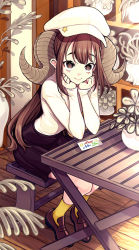 Rule 34 | 1girl, :&gt;, absurdres, black skirt, brown eyes, brown footwear, brown hair, cabbie hat, calf socks, card, clenched hands, clip studio paint (medium), closed mouth, curled horns, dated, elbow rest, english text, eudetenis, flower pot, from side, full body, greeting card, happy new year, hat, hat ornament, head rest, highres, horns, indoors, leaf, light rays, loafers, long hair, long sleeves, looking at viewer, looking up, miniskirt, muted color, new year, original, plant, potted plant, shadow, shelf, shirt, shirt tucked in, shoes, sidelocks, signature, sitting, skirt, smile, socks, solo, star (symbol), star hat ornament, stool, succulent plant, sunlight, table, white hat, white shirt, wooden floor, yellow socks