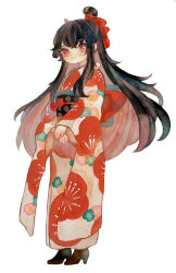 Rule 34 | 1girl, alternate costume, black footwear, black hair, closed mouth, commentary request, floral print, full body, hair bun, hair ribbon, high heels, japanese clothes, kimono, library of ruina, long hair, mochigome 138, obi, project moon, red eyes, red ribbon, ribbon, sash, single hair bun, smile, solo, white background, white kimono, xiao (project moon)
