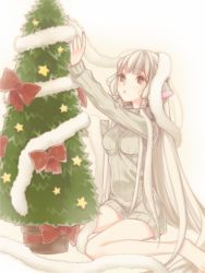 Rule 34 | 00s, 1girl, bad id, bad pixiv id, bare legs, blonde hair, bottomless, bow, chii, chobits, christmas tree, gradient background, kototoka, long hair, red bow, sitting, solo, star (symbol), very long hair, wariza