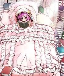 Rule 34 | 1girl, bed, blush, book, crescent, crescent hair ornament, fifiruu, hair ornament, hat, long hair, open book, patchouli knowledge, purple eyes, purple hair, reading, solo, touhou