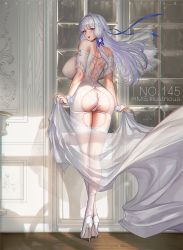 Rule 34 | 1girl, ass, ass cutout, azur lane, bare shoulders, blue eyes, blush, breasts, butt crack, clothing cutout, crossed legs, dress, unworn dress, flower, gloves, hair ornament, high heels, illustrious (azur lane), illustrious (morning star of love and hope) (azur lane), indoors, large breasts, long hair, looking at viewer, mole, mole under eye, mouth hold, nail polish, panties, pink nails, pumps, revealing clothes, see-through, shoes, smile, solo, stiletto heels, thighhighs, thighs, tiara, tsuki no i-min, underwear, veil, watson cross, wedding dress, white dress, white footwear, white gloves, white hair, white panties, white thighhighs