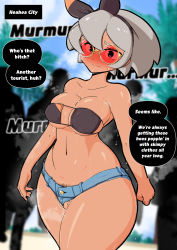 Rule 34 | 1girl, :|, absurdres, bare arms, bare shoulders, bea (pokemon), bikini, bikini top only, black bikini, black hairband, breasts, bursting breasts, buttons, cleavage, clenched hand, closed mouth, collarbone, covered erect nipples, creatures (company), crowd, dark-skinned female, dark skin, denim, denim shorts, english text, eyepatch bikini, female pubic hair, game freak, grey hair, gym leader, hairband, highres, large breasts, micro shorts, mole, mole on pussy, navel, nintendo, open hand, partially visible vulva, place name, pokemon, pokemon swsh, pubic hair, pubic hair peek, pussy juice, red-tinted eyewear, rolling eyes, shirt, short hair, short sleeves, shorts, sideboob, silhouette, sound effects, speech bubble, stadium, steam, steaming body, stomach, sunglasses, sweat, swimsuit, t-shirt, teeth, thick eyebrows, thick thighs, thighs, tinted eyewear, uncensored, undersized clothes, upper teeth only, v-shaped eyebrows, wide hips, woomochi