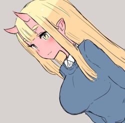 Rule 34 | 1girl, :3, blonde hair, blue sweater, blunt bangs, blush, breasts, collared shirt, colored skin, dutch angle, grey background, horns, large breasts, long sleeves, malice stella, oni, oni horns, original, pointy ears, red skin, shirt, simple background, smile, solo, sweater, white shirt, wing collar, yellow eyes