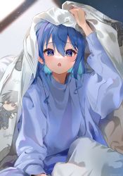 Rule 34 | 1girl, alternate costume, blanket, blue eyes, blue hair, blue shirt, blush, casual, character print, commentary, ensemble stars!, futon, hair between eyes, hair down, highres, hololive, hoshimachi suisei, long sleeves, looking at viewer, loose clothes, loose shirt, medium hair, open mouth, oversized clothes, sakuma ritsu, shirt, solo, sunlight, twitter username, under covers, upper body, virtual youtuber, yoru uyo