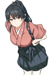 Rule 34 | 1girl, anchor symbol, black hair, breasts, celestea tera, green eyes, hakama, hakama skirt, hands on own hips, high ponytail, highres, houshou (kancolle), japanese clothes, kantai collection, leaning forward, long hair, looking at viewer, medium breasts, ponytail, skirt, smile, solo, white background